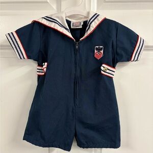 Vintage Navy Blue Sailor Outfit One Piece Toddler Baby Romper Nautical 24 Months